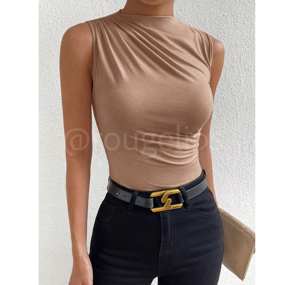 Ruched Khaki Asymmetrical Sleeveless Shirt Top Stretchy - Picture 2 of 9